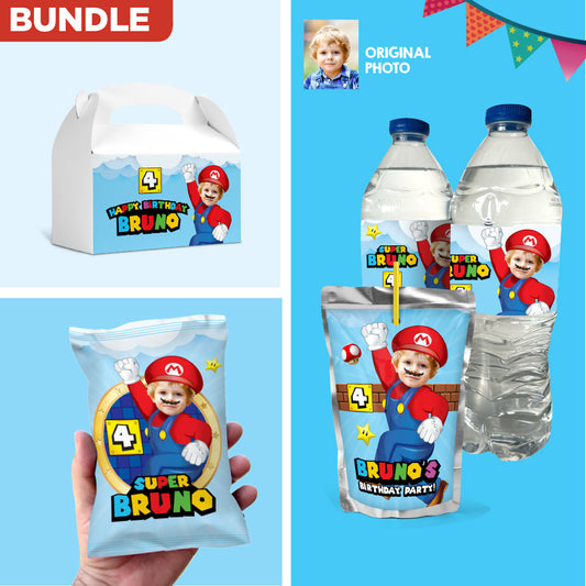 Bundle Super Mario snacks labels, Mario Bros water wrappers and Capri Sun labels, Chip bags, Gable box party favor boxes. 2331B3