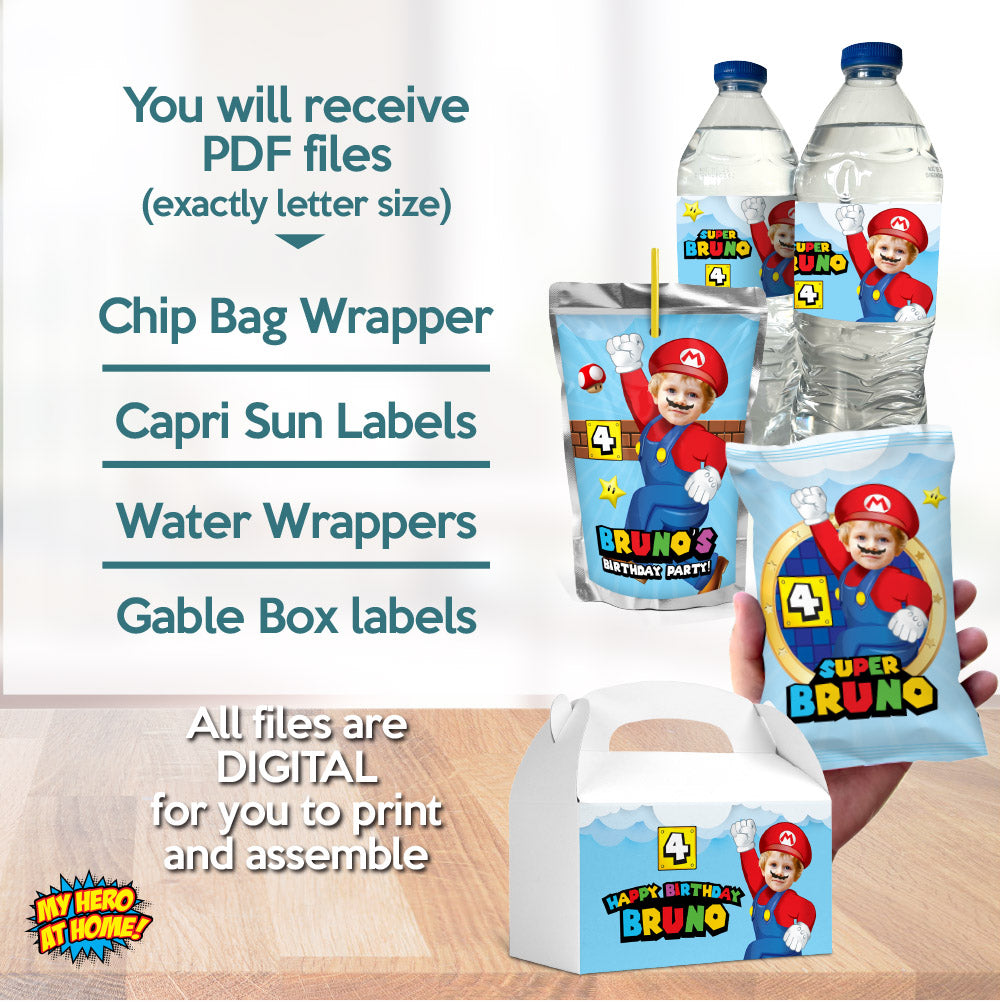 Bundle Super Mario snacks labels, Mario Bros water wrappers and Capri Sun labels, Chip bags, Gable box party favor boxes. 2331B3