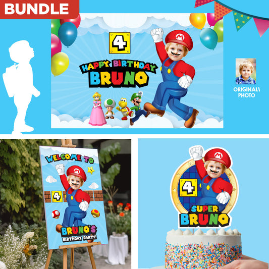 Bundle Super Mario Party decoration, Super Mario Banner Backdrop, Cake Topper and Welcome Sign. 2331B4