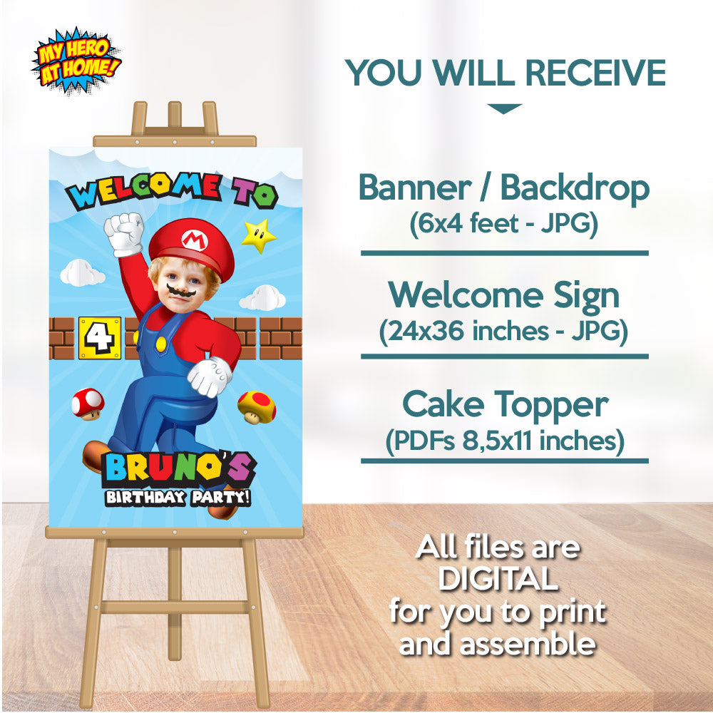 Bundle Super Mario Party decoration, Super Mario Banner Backdrop, Cake Topper and Welcome Sign. 2331B4