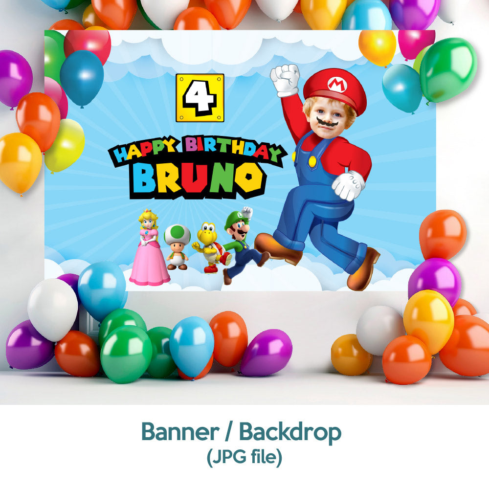 Bundle Super Mario Party decoration, Super Mario Banner Backdrop, Cake Topper and Welcome Sign. 2331B4