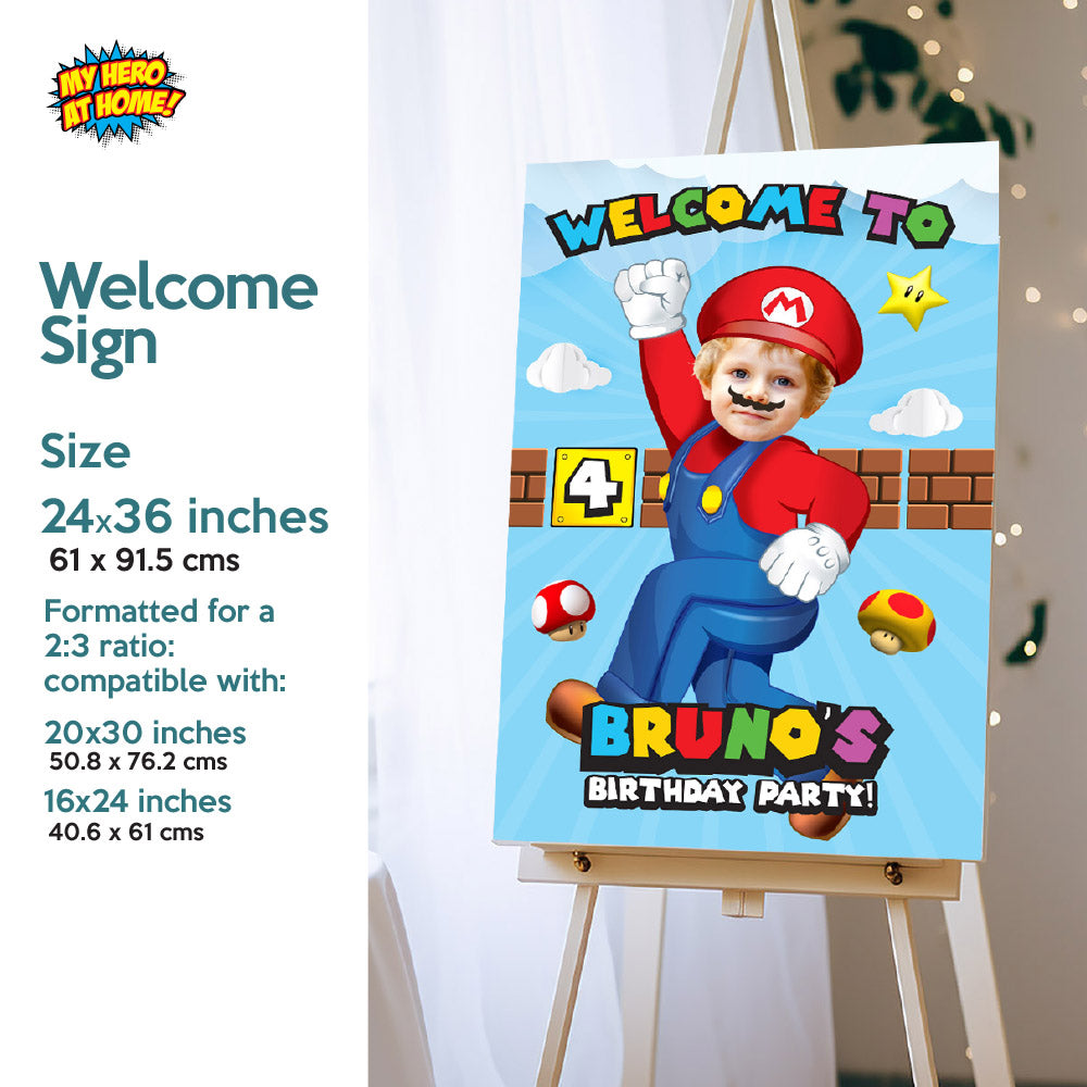 Bundle Super Mario Party decoration, Super Mario Banner Backdrop, Cake Topper and Welcome Sign. 2331B4