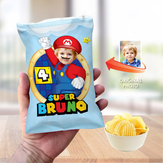 Mario Bros chip bags party favors, Custom Super Mario Chip Bag labels, Super Mario party snacks labels. 2331CB