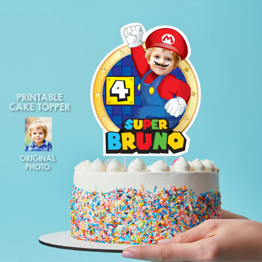 Super Mario Cake topper with your kid as Mario, Super Mario printable cake topper, Mario Bros birthday cake ideas. 2331CT