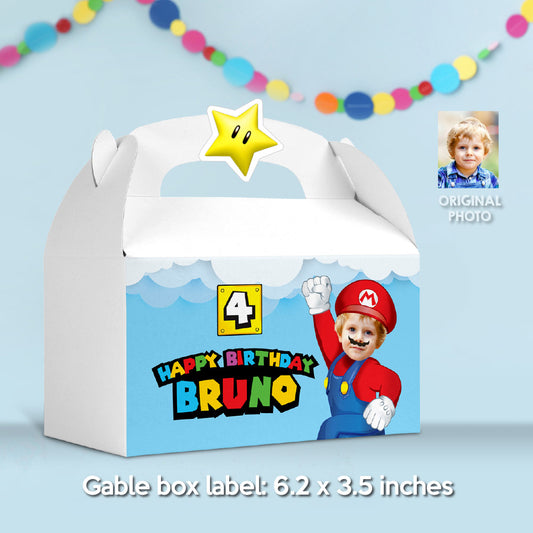 Custom Super Mario Gable Box label, Mario Bros Gift Box with your photo, Mario Bros Box party favors boxes labels. 2331GB