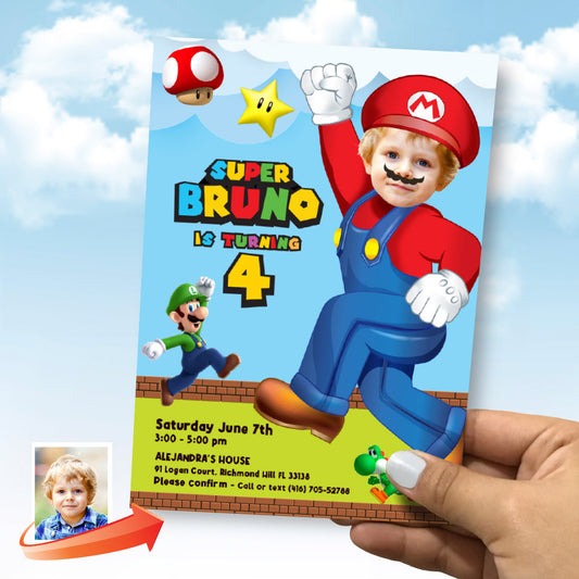 Super Mario Birthday Invitation with your photo, Personalized Super Mario party Invitation, Super Mario photo invitation, Mario Bros digital invitation. 2331IN