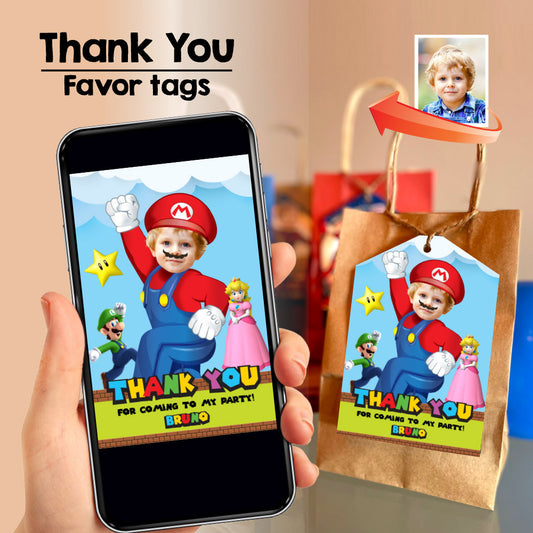 Super Mario Thank You Card with your photo, Super Mario Party Favor Tags, Mario Bros goodies tags. 2331TY