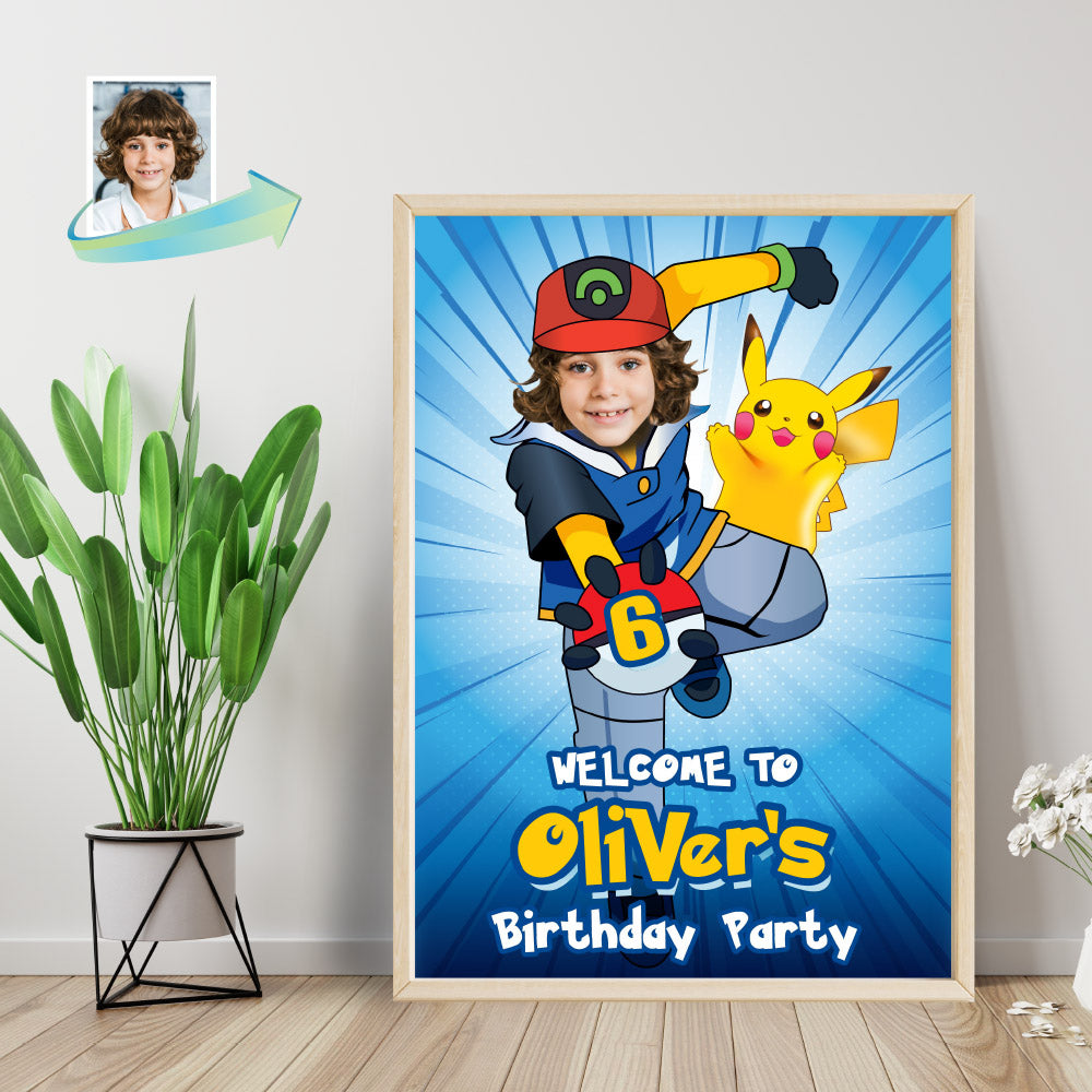Custom Pokemon Welcome sign with photo, Ash the Pokémon trainer welcome party, Pokemon Birthday Welcome Print. 2332WS