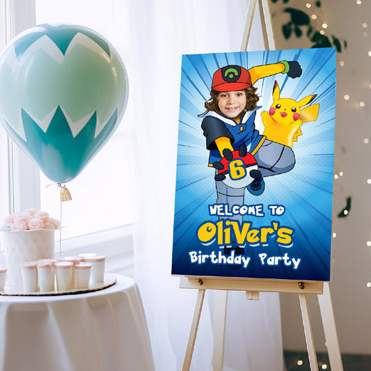 Custom Pokemon Welcome sign with photo, Ash the Pokémon trainer welcome party, Pokemon Birthday Welcome Print. 2332WS