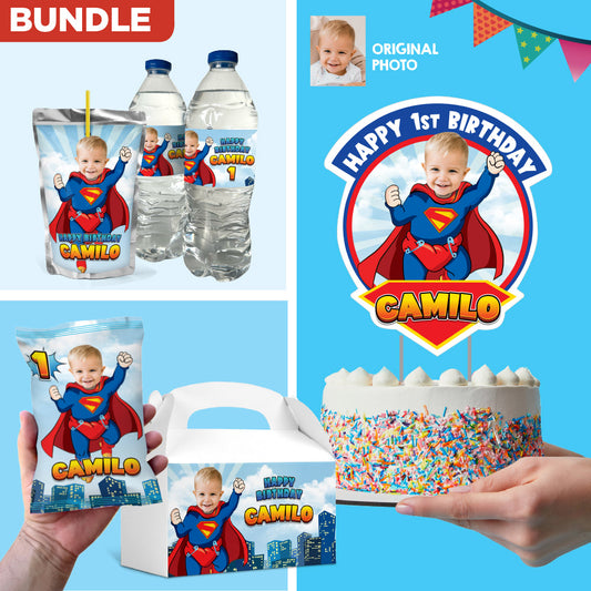 Bundle Baby Superman Party table, Super Baby Cake Topper, snacks labels, Potato Chip bags, Gable candy box. 2335B1