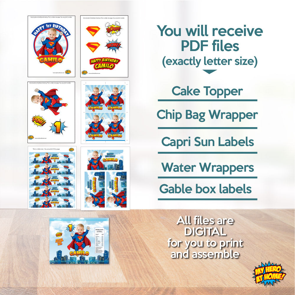 Bundle Baby Superman Party table, Super Baby Cake Topper, snacks labels, Potato Chip bags, Gable candy box. 2335B1