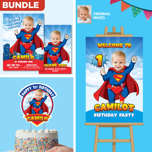 Bundle Baby Superman 1st Birthday, Invitation and Thank you, Cake Topper, Welcome Sign. 2335B2