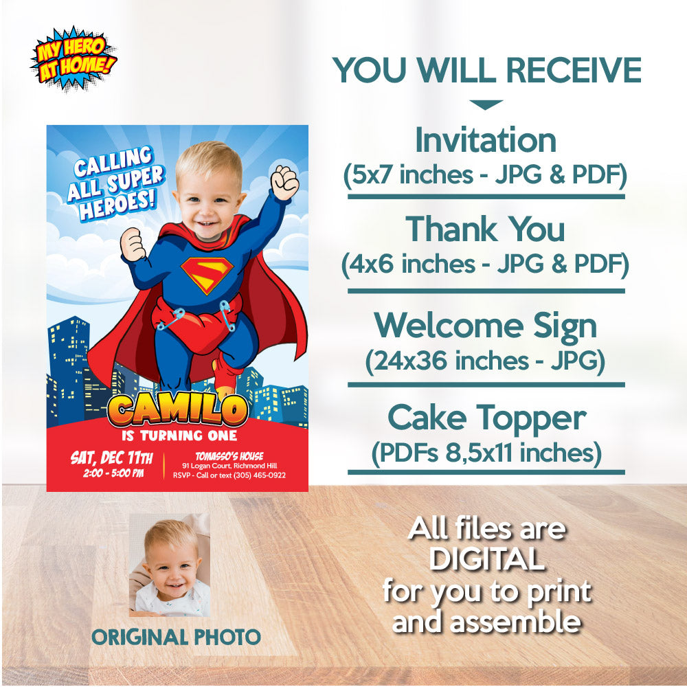 Bundle Baby Superman 1st Birthday, Invitation and Thank you, Cake Topper, Welcome Sign. 2335B2