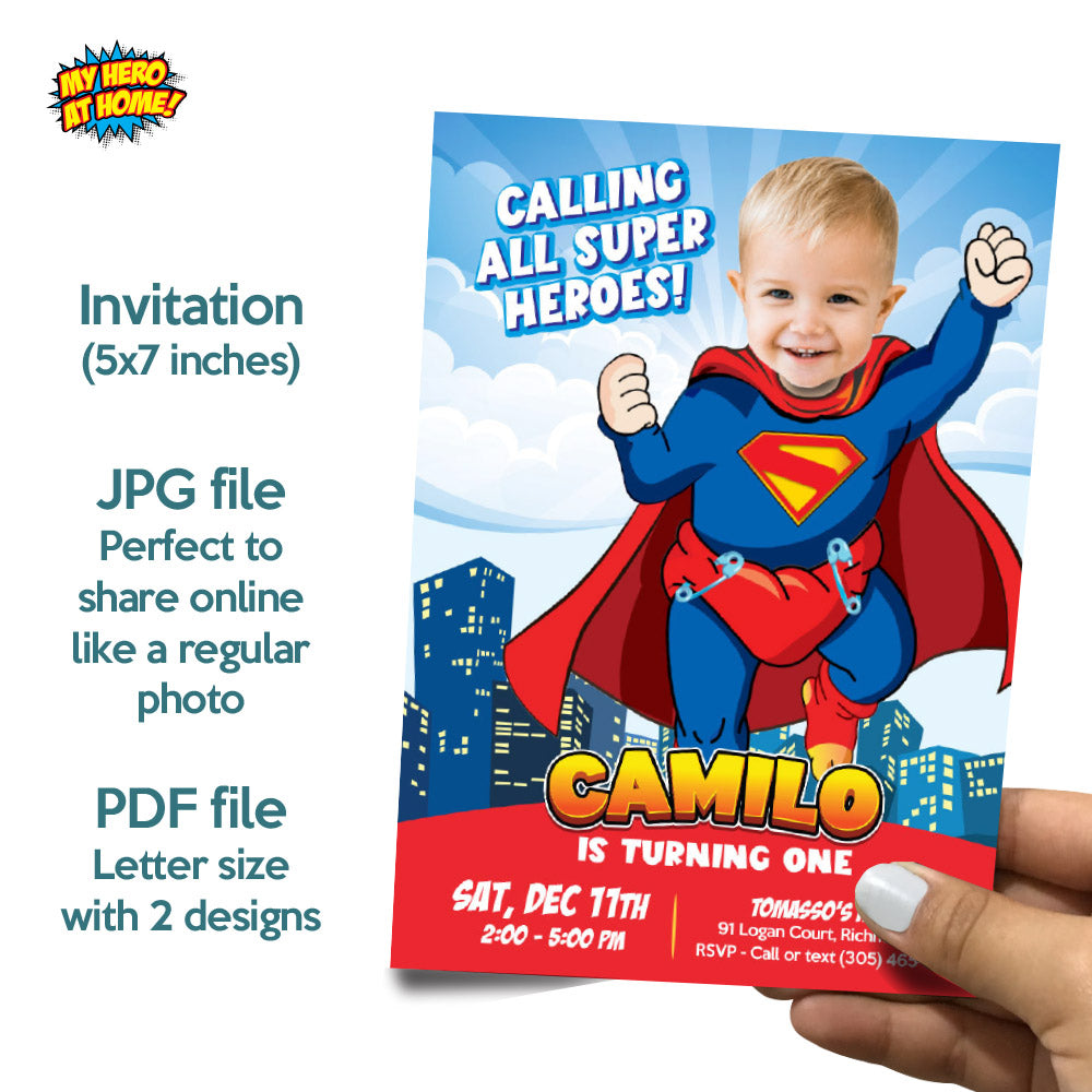 Bundle Baby Superman 1st Birthday, Invitation and Thank you, Cake Topper, Welcome Sign. 2335B2