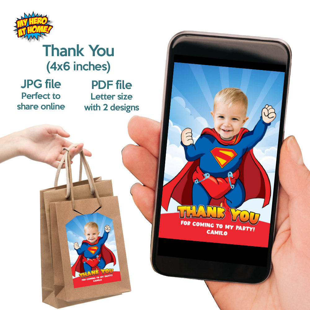 Bundle Baby Superman 1st Birthday, Invitation and Thank you, Cake Topper, Welcome Sign. 2335B2
