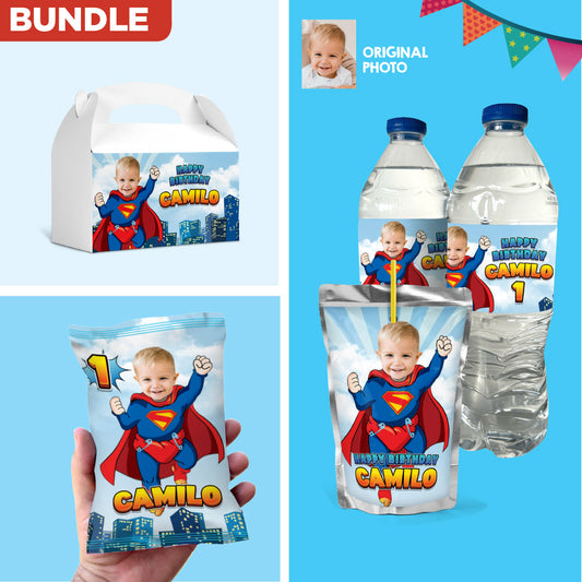 Bundle Baby Superman snacks labels, water wrappers and capri sun label, Chip bags. 2335B3
