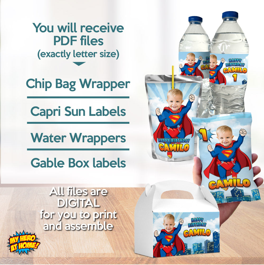 Bundle Baby Superman snacks labels, water wrappers and capri sun label, Chip bags. 2335B3