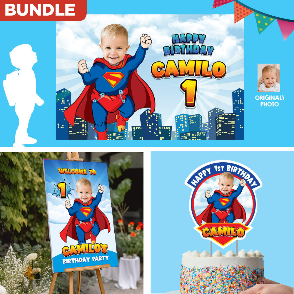 Bundle Baby Superman Party decoration, Baby Superman Banner / Backdrop, Cake Topper of Baby Superman, Baby Superman Welcome Sign. 2335B4