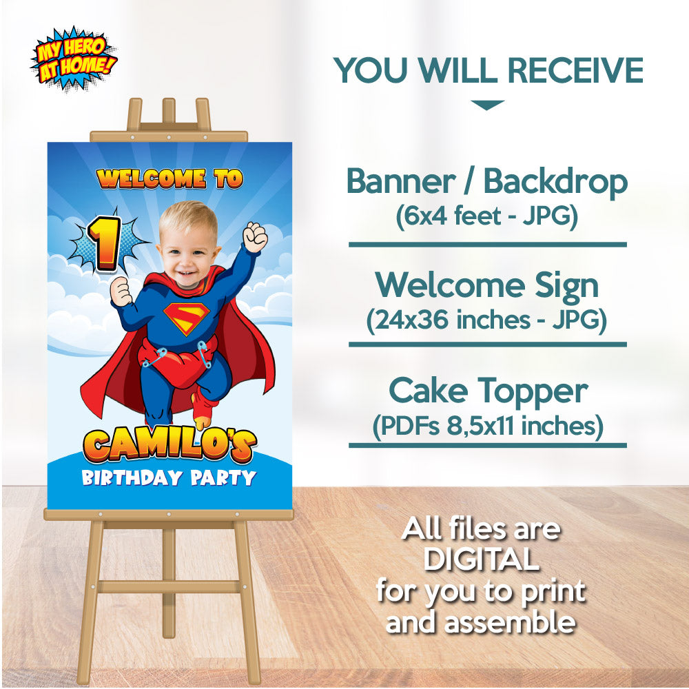 Bundle Baby Superman Party decoration, Baby Superman Banner / Backdrop, Cake Topper of Baby Superman, Baby Superman Welcome Sign. 2335B4