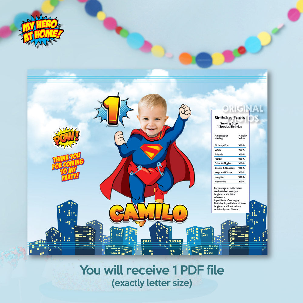Bundle Baby Superman snacks labels, water wrappers and capri sun label, Chip bags. 2335B3