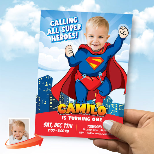 Baby Superman party invitation with your photo, Super baby photo birthday invite, Baby Superman template. 2335IN