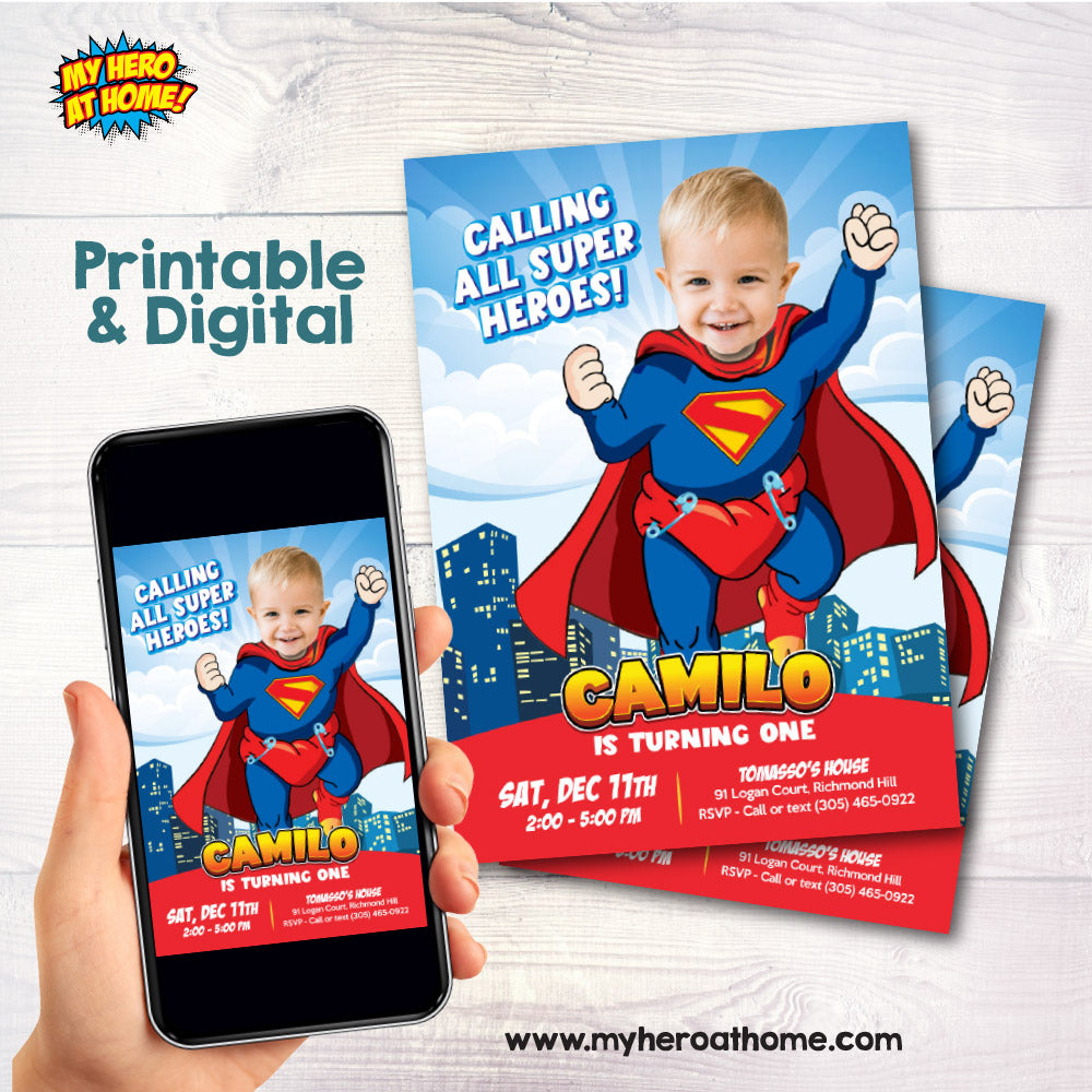 Baby Superman party invitation with your photo, Super baby photo birthday invite, Baby Superman template. 2335IN