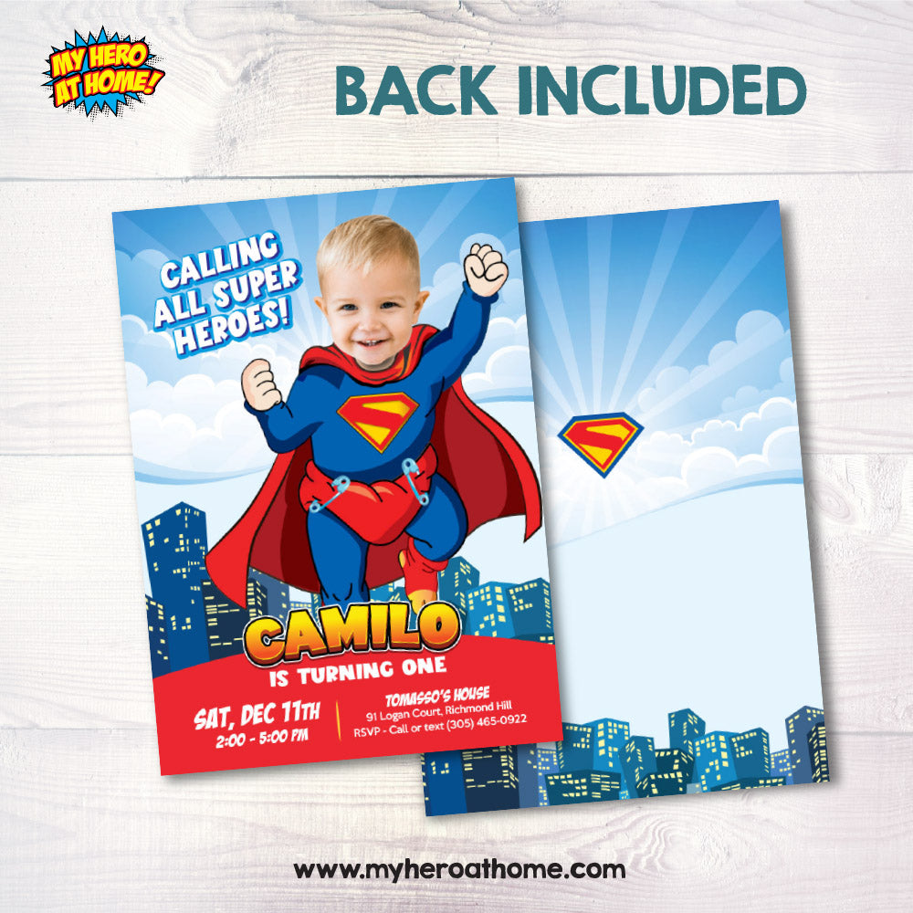 Baby Superman party invitation with your photo, Super baby photo birthday invite, Baby Superman template. 2335IN