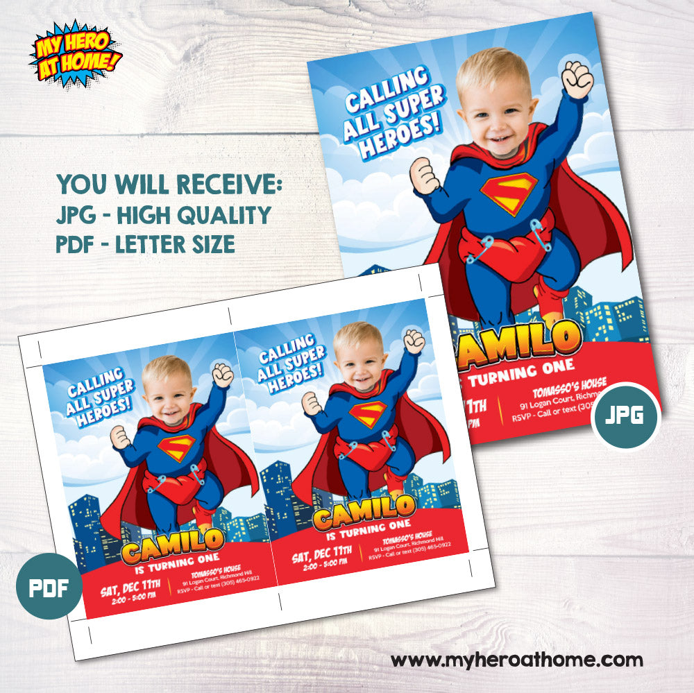Baby Superman party invitation with your photo, Super baby photo birthday invite, Baby Superman template. 2335IN