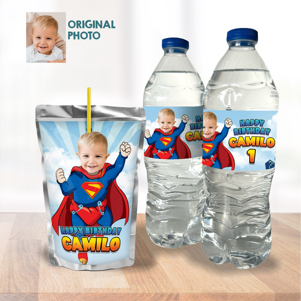 Bundle Baby Superman snacks labels, water wrappers and capri sun label, Chip bags. 2335B3