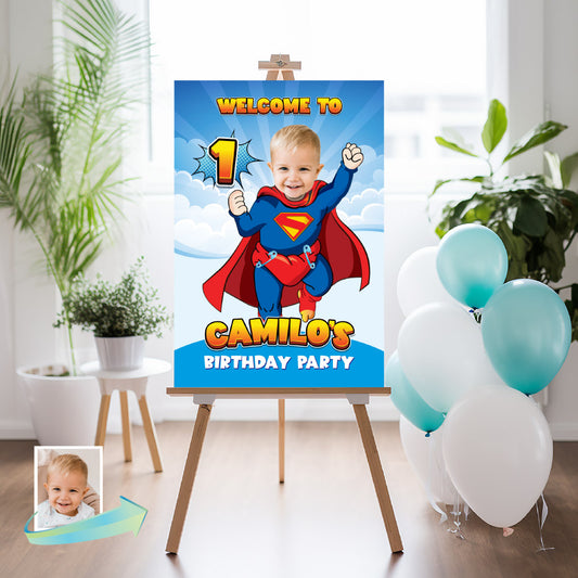 Baby Superman 1st Welcome sign with photo, Super baby welcome party, Superman 1st Birthday Entrance sign. 2335WS