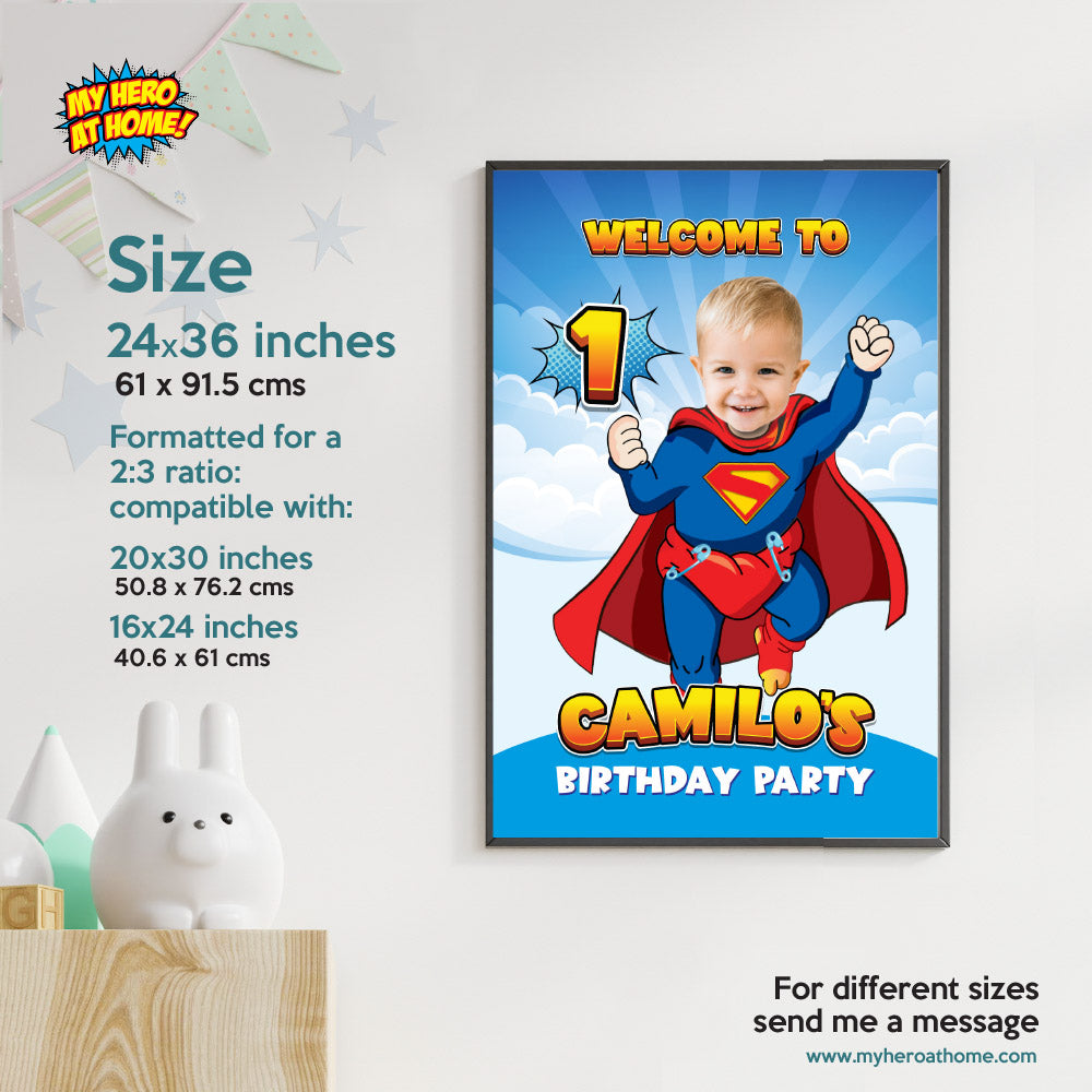 Baby Superman 1st Welcome sign with photo, Super baby welcome party, Superman 1st Birthday Entrance sign. 2335WS