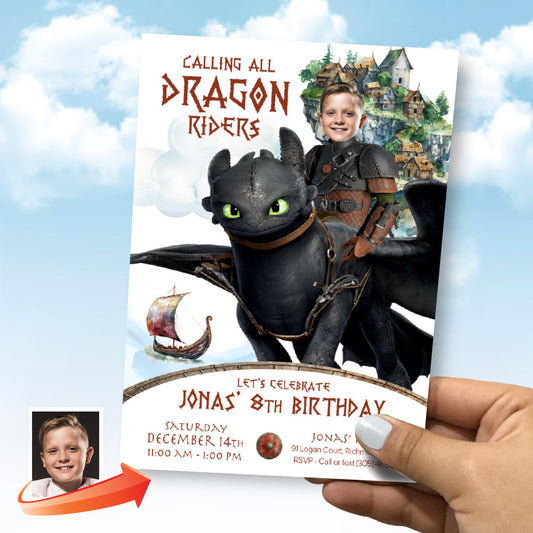 How to Train your Dragon birthday Invitation with your kid as Hiccup, Calling all dragon riders party. 2338IN