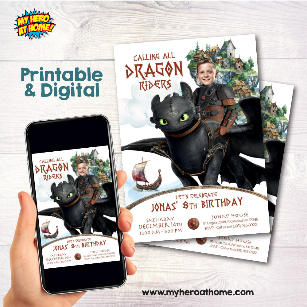 How to Train your Dragon birthday Invitation with your kid as Hiccup, Calling all dragon riders party. 2338IN