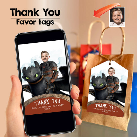Custom How to Train your dragon Thank You Card with your photo,  Hiccup and toothless party favor tags. 2338TY