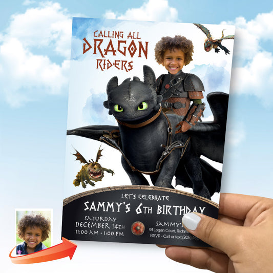 Calling all dragon riders birthday invitation, How to Train your Dragon party Invitation with photo. 2339IN