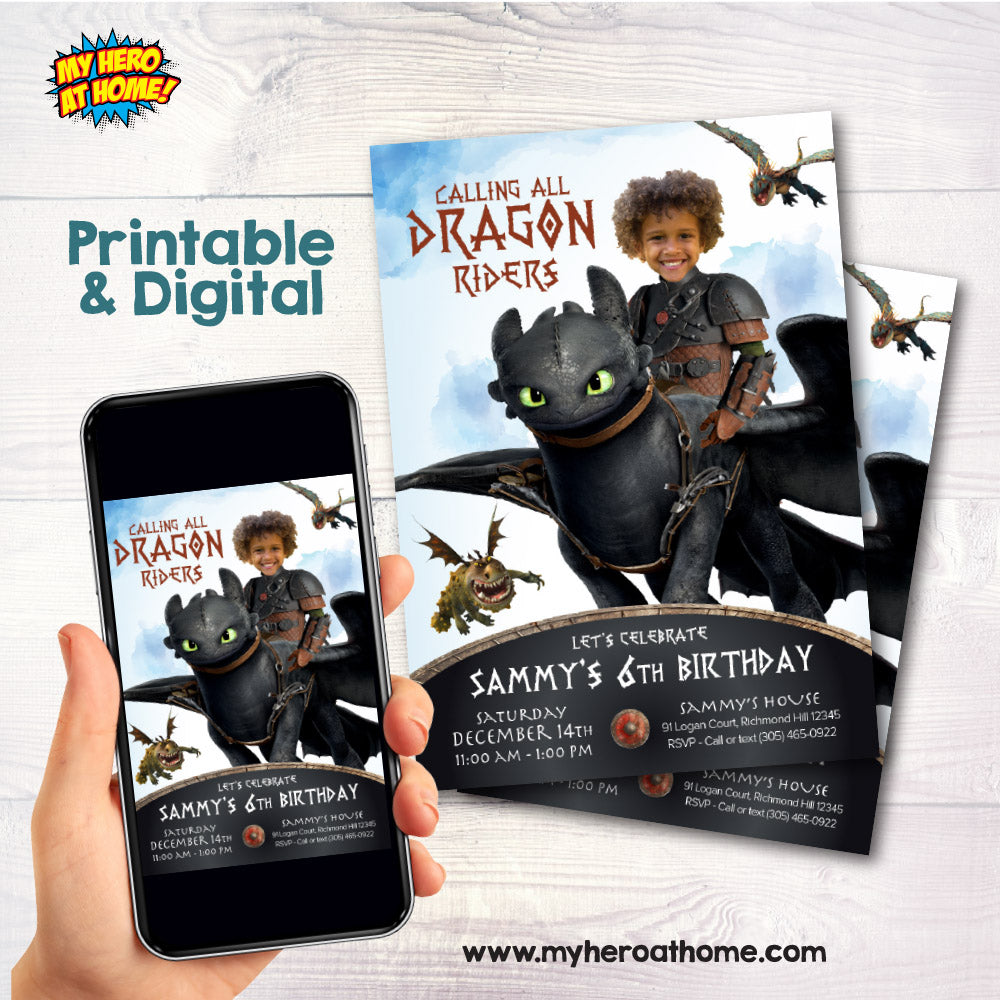 Calling all dragon riders birthday invitation, How to Train your Dragon party Invitation with photo. 2339IN