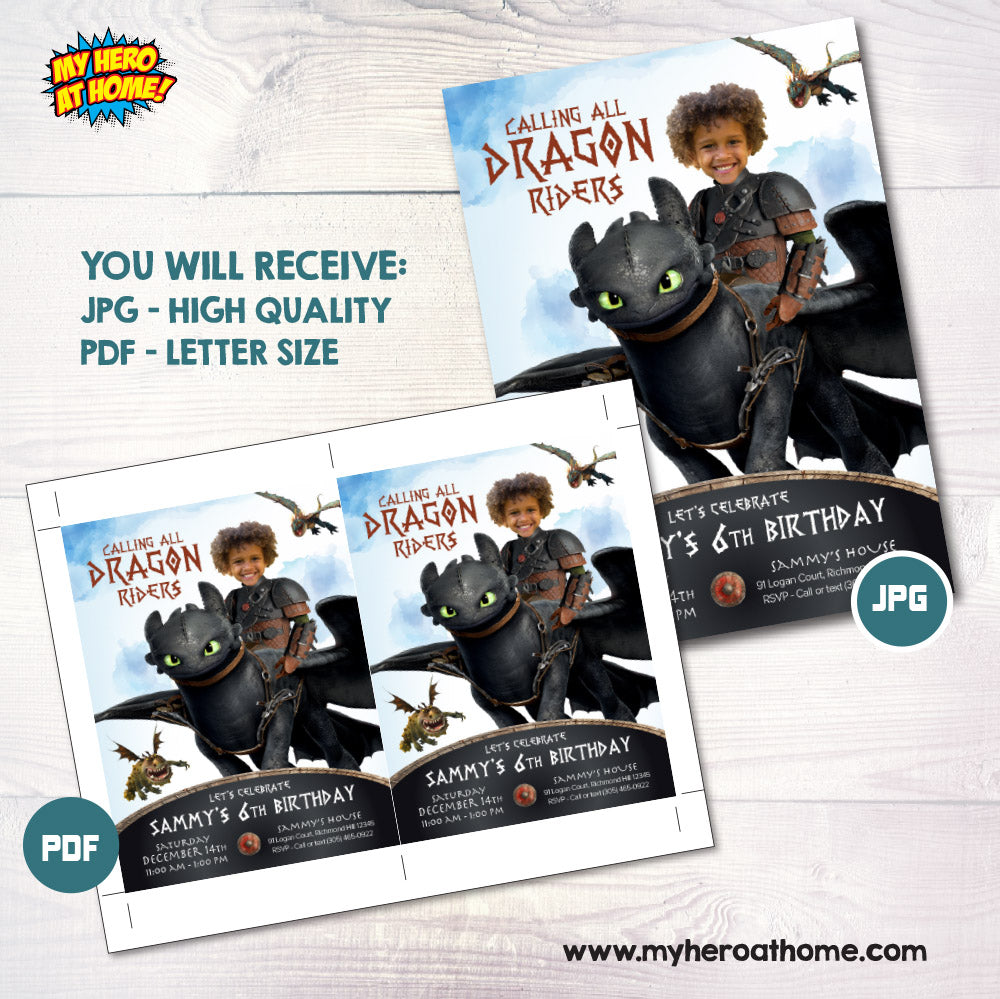 Calling all dragon riders birthday invitation, How to Train your Dragon party Invitation with photo. 2339IN