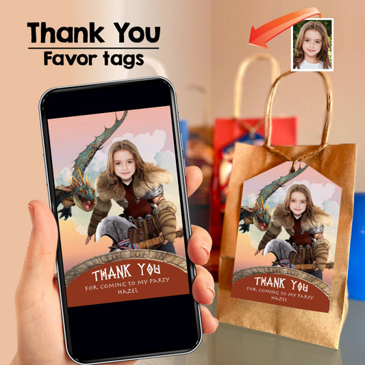 Astrid How to Train your dragon Thank You Card with your photo, Astrid and Stormfly favor tags.  2340TY