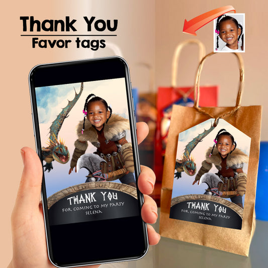 Stormfly and Astrid thank you with your girl as the viking Astrid, Stormfly and Astrid party favor tags. 2341TY