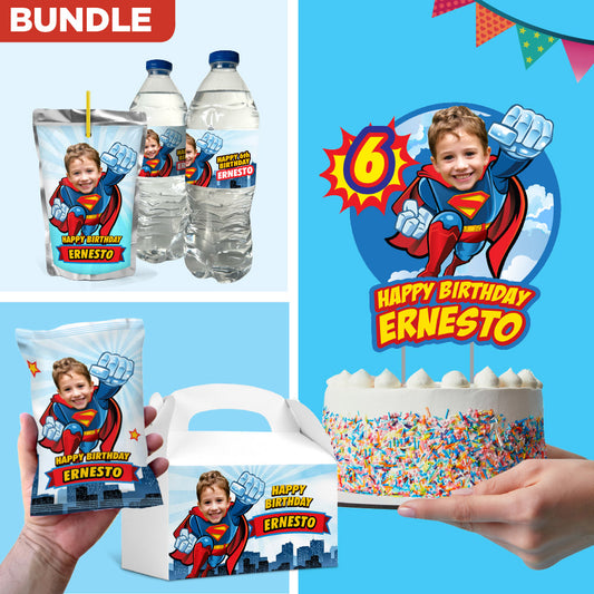 Party Set for Superman matching birthday table items and party favors: Cake Topper, snacks labels, Chip bags wrappers, gift boxes, beverages. 2343B1
