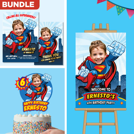 Party Set for a Superman Birthday themed with your kid as Superman: Invitation, Thank you, Favor tags, Cake Topper and Welcome Sign. 2343B2