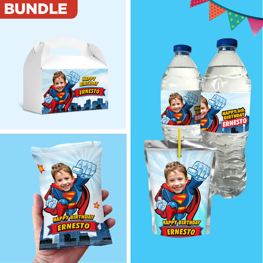 Party set for custom Superman snacks labels: water wrappers, capri sun label, Chip bags, Gable box. 2343B3