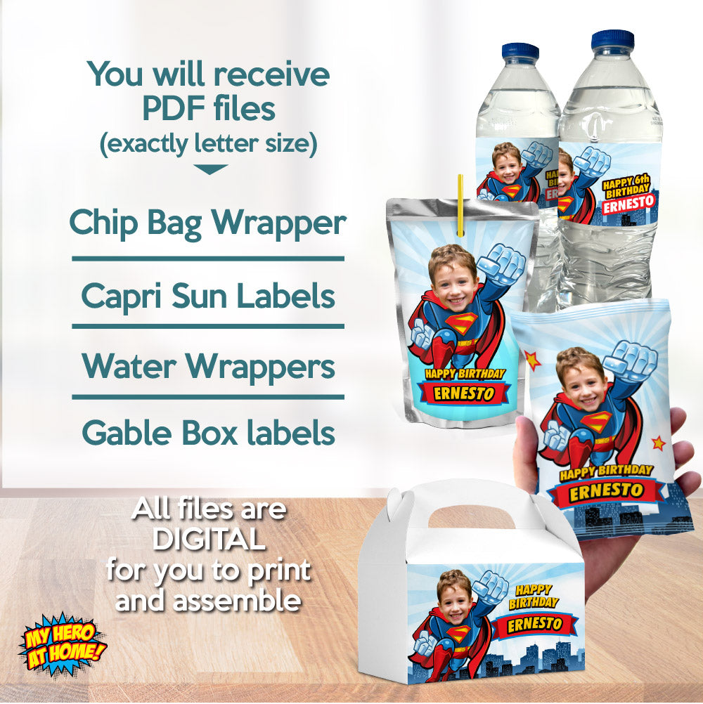 Party set for custom Superman snacks labels: water wrappers, capri sun label, Chip bags, Gable box. 2343B3