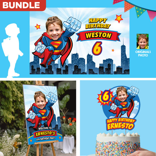 Party set for a Superman Party matching decoration: Banner Backdrop, Printable Cake topper, Welcome Entrance party. 2343B4