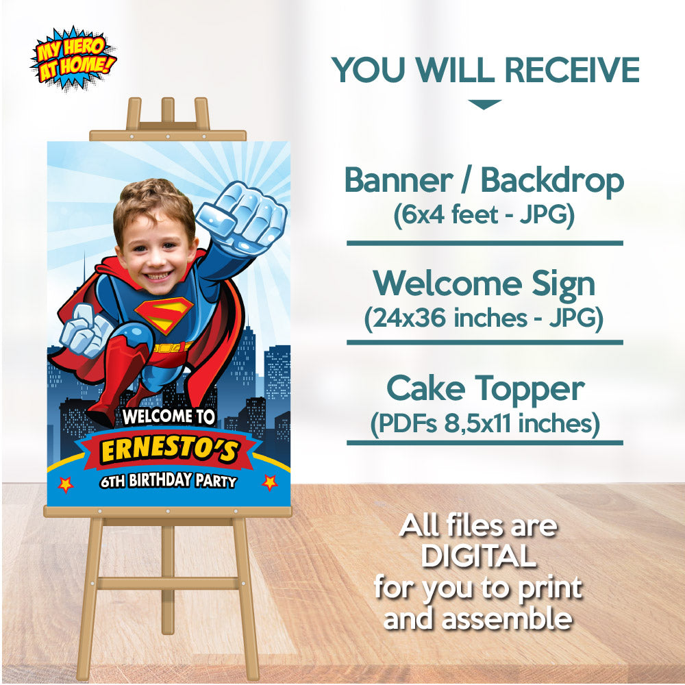 Party set for a Superman Party matching decoration: Banner Backdrop, Printable Cake topper, Welcome Entrance party. 2343B4