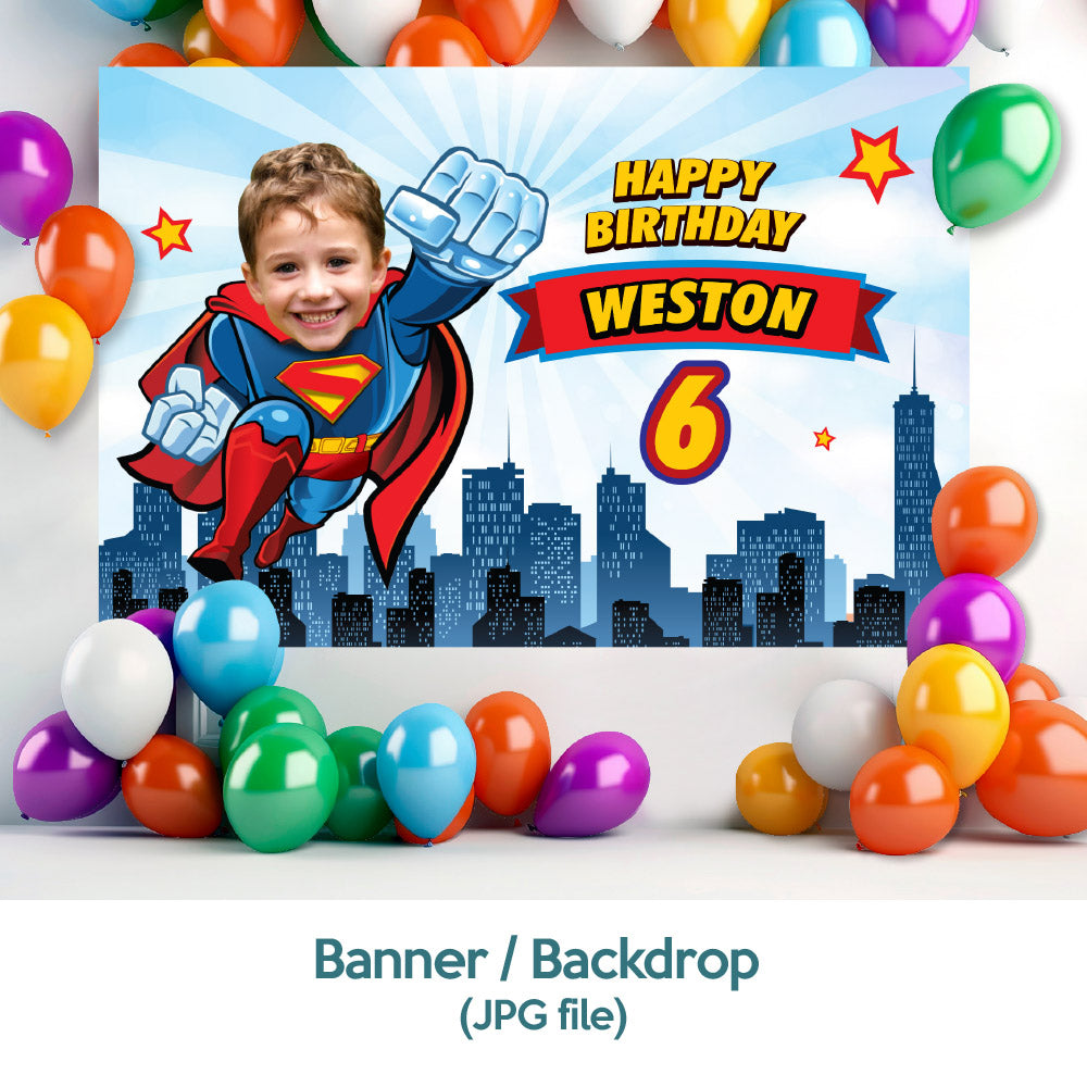 Party set for a Superman Party matching decoration: Banner Backdrop, Printable Cake topper, Welcome Entrance party. 2343B4