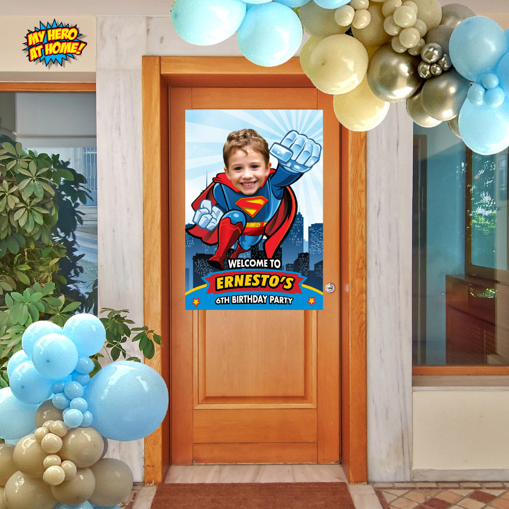 Party set for a Superman Party matching decoration: Banner Backdrop, Printable Cake topper, Welcome Entrance party. 2343B4