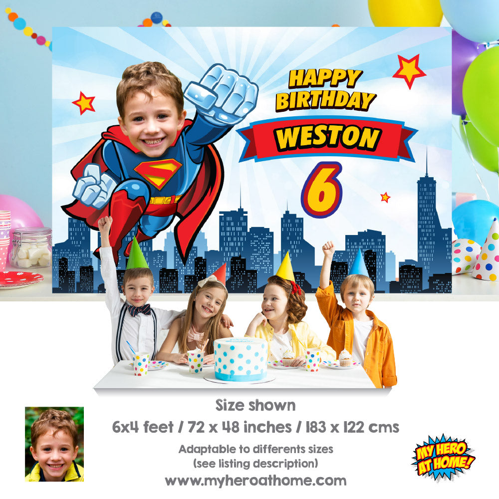 Custom Superman Birthday Backdrop with your kid as a flying Superman, Telon de Superman. 2343BB