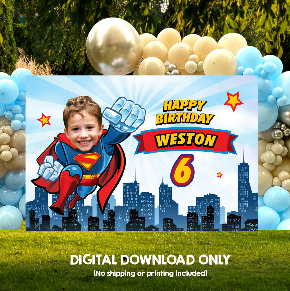Custom Superman Birthday Backdrop with your kid as a flying Superman, Telon de Superman. 2343BB