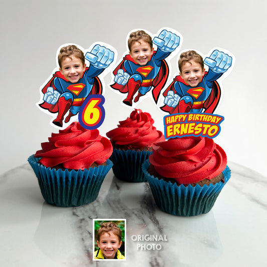 Personalized Superman Cupcake Toppers with your Photo, Superman Party desserts, Print, Cut & Assemble. 2343CK